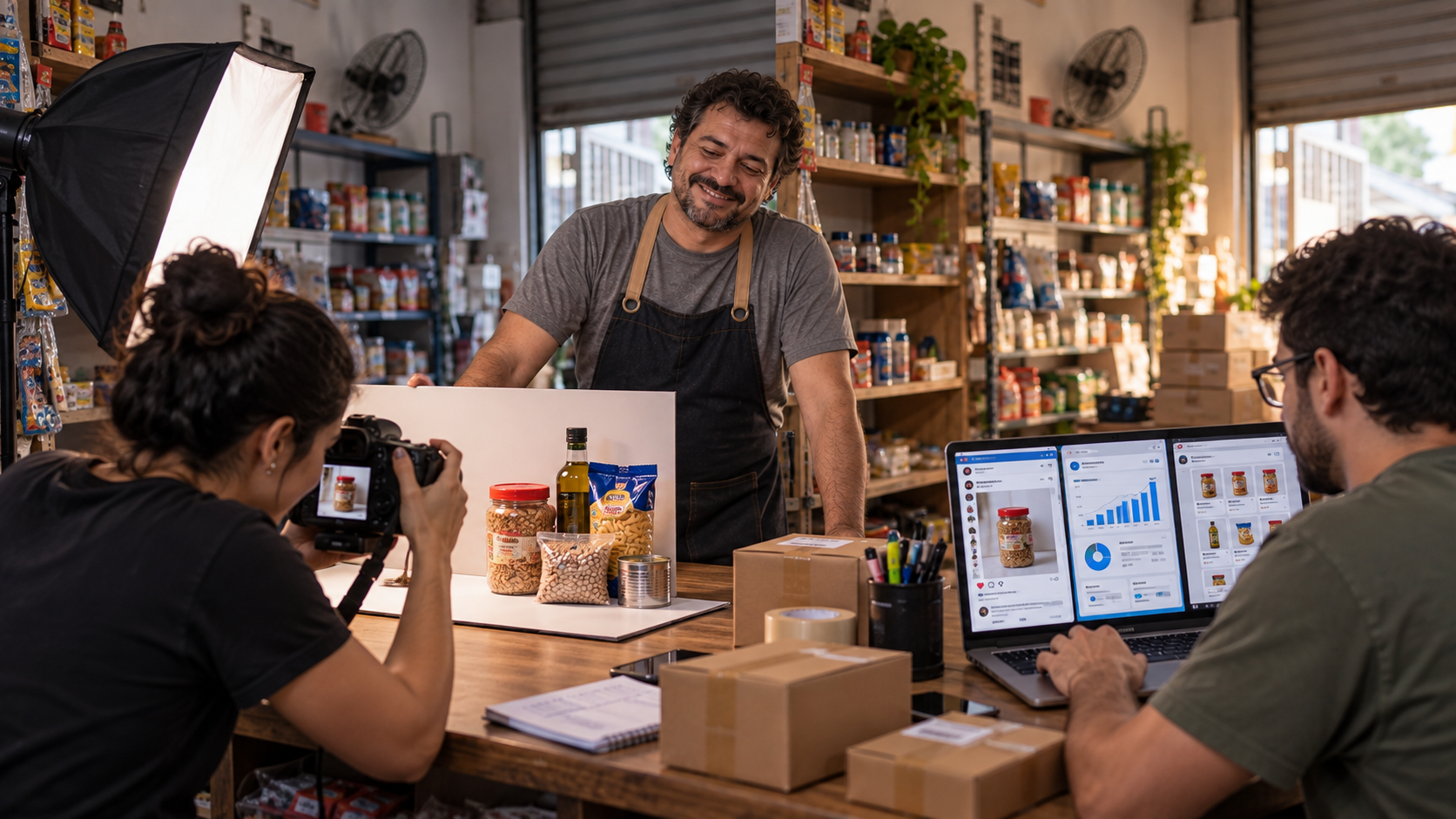 Equipe fotografando produtos e configurando redes sociais, anúncios e marketplaces na loja